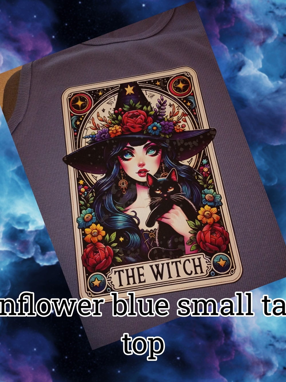 Graphic 'The Witch' Floral Witch & Black Cat Tank Top in Blue
